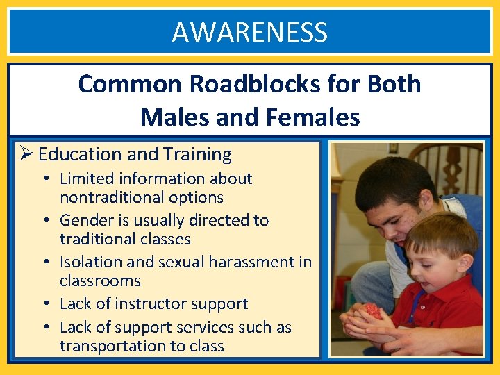 AWARENESS Common Roadblocks for Both Males and Females Ø Education and Training • Limited