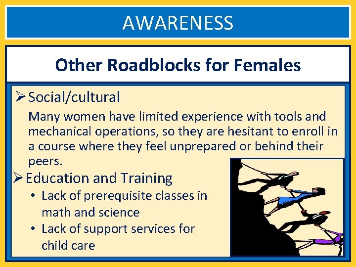 AWARENESS Other Roadblocks for Females Ø Social/cultural Many women have limited experience with tools