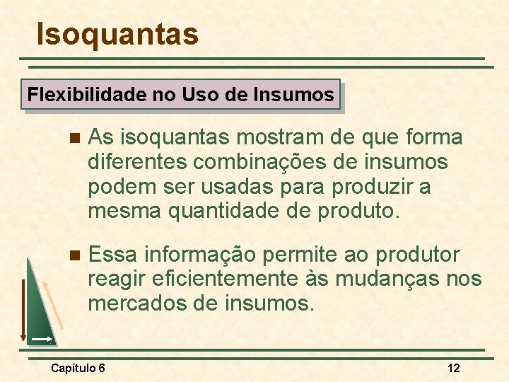 Isoquantas Flexibilidade no Uso de Insumos n As isoquantas mostram de que forma diferentes