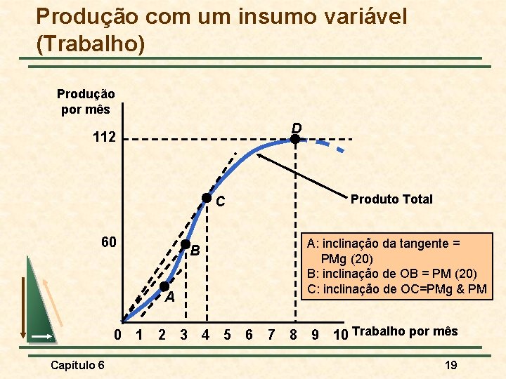 Produção com um insumo variável (Trabalho) Produção por mês D 112 Produto Total C