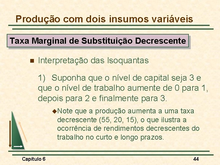 Produção com dois insumos variáveis Taxa Marginal de Substituição Decrescente n Interpretação das Isoquantas