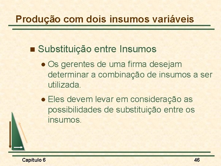 Produção com dois insumos variáveis n Substituição entre Insumos l Os gerentes de uma