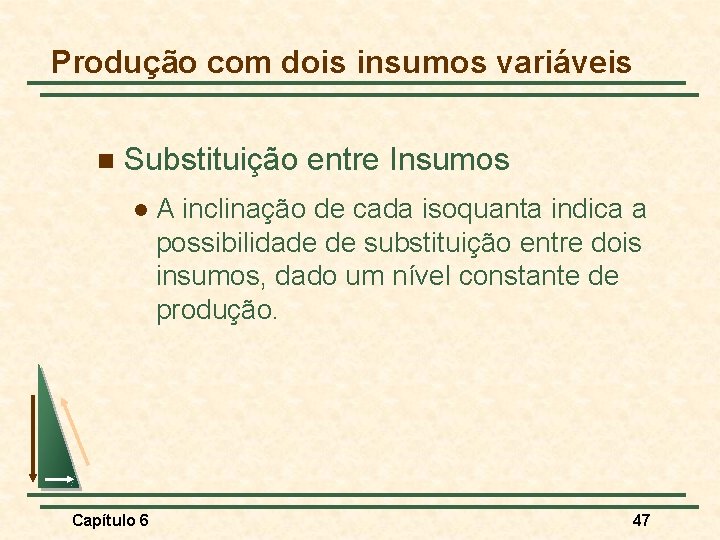 Produção com dois insumos variáveis n Substituição entre Insumos l A inclinação de cada