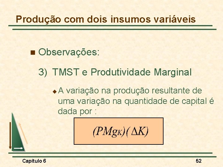 Produção com dois insumos variáveis n Observações: 3) TMST e Produtividade Marginal u Capítulo