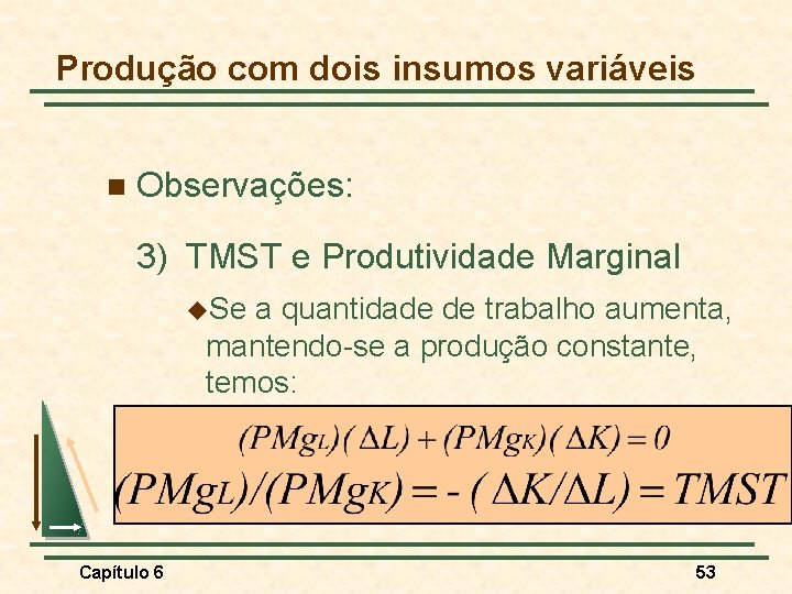 Produção com dois insumos variáveis n Observações: 3) TMST e Produtividade Marginal u. Se