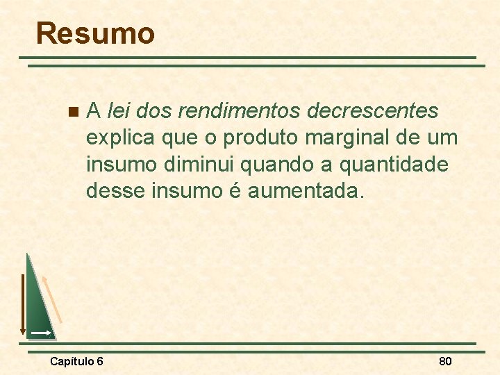 Resumo n A lei dos rendimentos decrescentes explica que o produto marginal de um