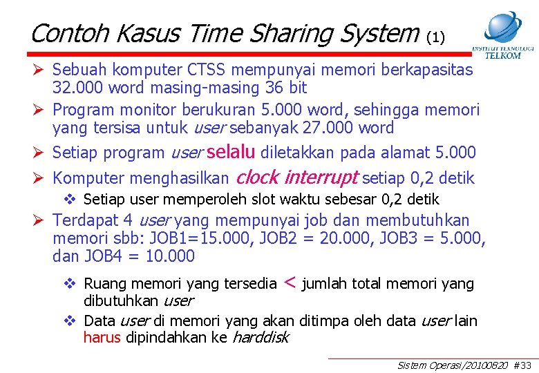 Contoh Kasus Time Sharing System (1) Ø Sebuah komputer CTSS mempunyai memori berkapasitas 32.