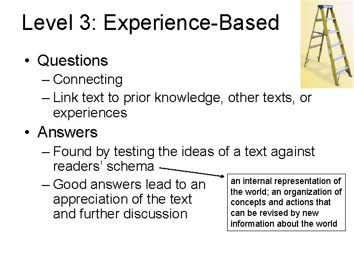 Level 3: Experience-Based • Questions – Connecting – Link text to prior knowledge, other