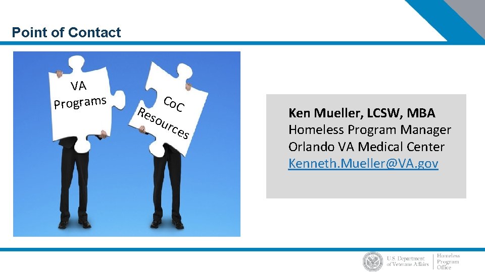 Point of Contact VA Programs Res Co. C our ces Ken Mueller, LCSW, MBA