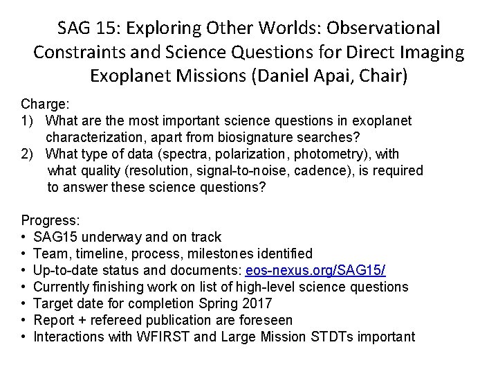 SAG 15: Exploring Other Worlds: Observational Constraints and Science Questions for Direct Imaging Exoplanet