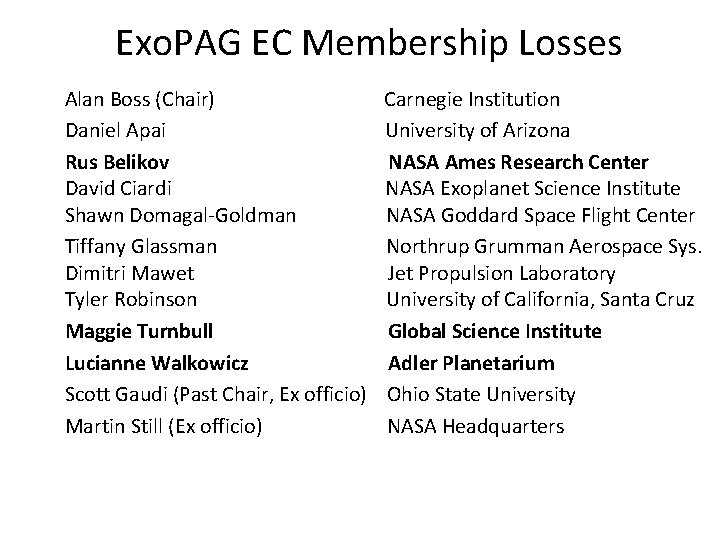Exo. PAG EC Membership Losses Alan Boss (Chair) Carnegie Institution Daniel Apai University of