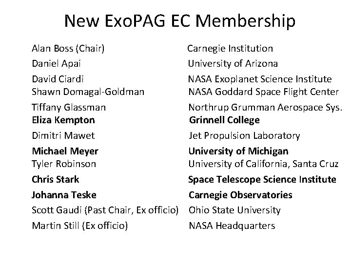 New Exo. PAG EC Membership Alan Boss (Chair) Carnegie Institution Daniel Apai University of