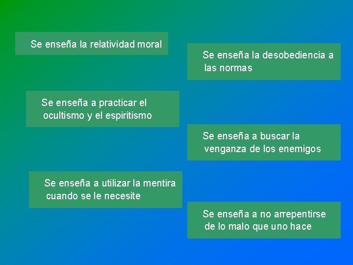 Se enseña la relatividad moral Se enseña la desobediencia a las normas Se enseña Se enseña la relatividad moral Se enseña la desobediencia a las normas Se enseña
