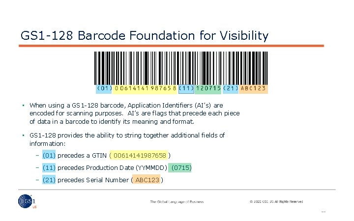 GS 1 -128 Barcode Foundation for Visibility • When using a GS 1 -128
