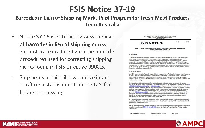 FSIS Notice 37 -19 Barcodes in Lieu of Shipping Marks Pilot Program for Fresh