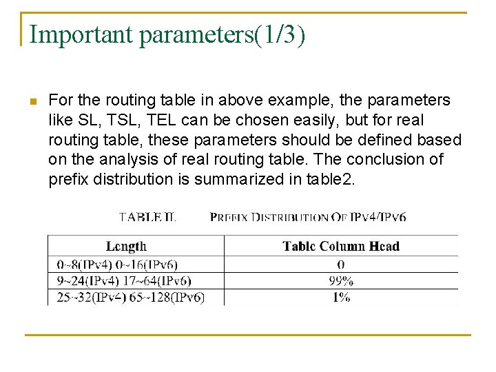 Important parameters(1/3) n For the routing table in above example, the parameters like SL,