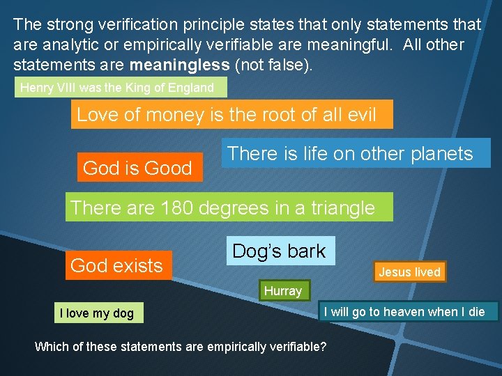 The strong verification principle states that only statements that are analytic or empirically verifiable