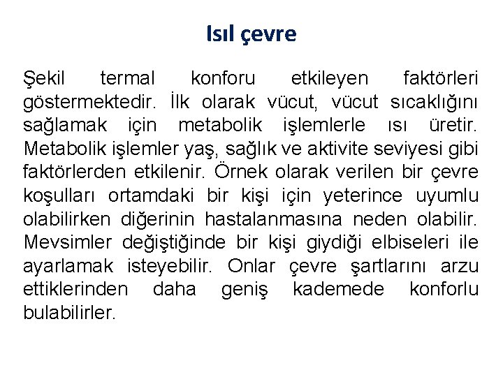 Isıl çevre Şekil termal konforu etkileyen faktörleri göstermektedir. İlk olarak vücut, vücut sıcaklığını sağlamak