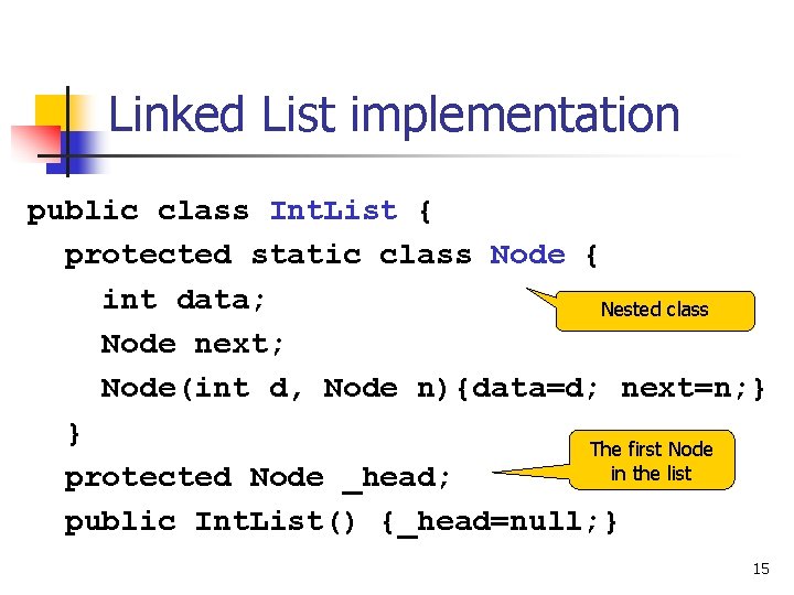 Linked List implementation public class Int. List { protected static class Node { int