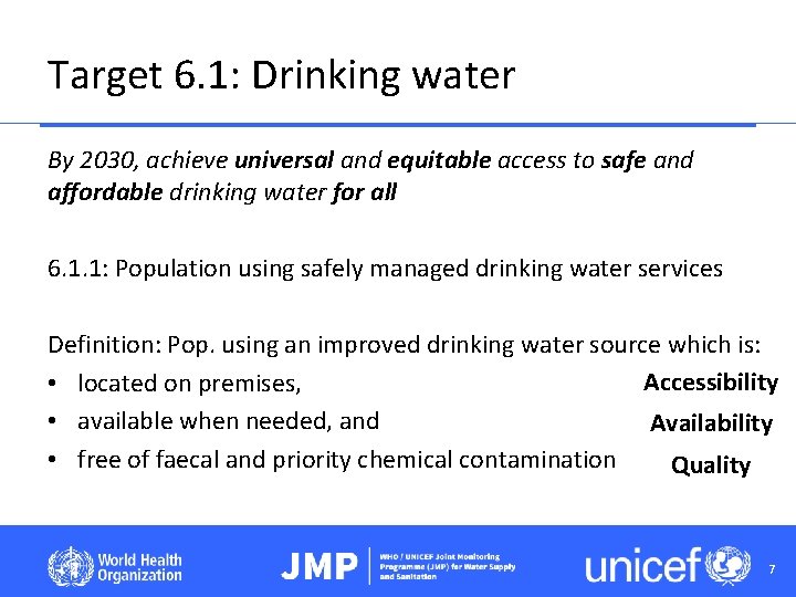 Target 6. 1: Drinking water By 2030, achieve universal and equitable access to safe