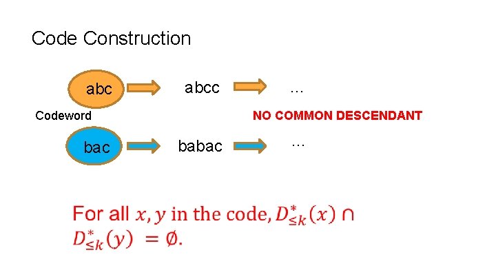 Code Construction abcc Codeword bac … NO COMMON DESCENDANT babac … Code Construction abcc Codeword bac … NO COMMON DESCENDANT babac …