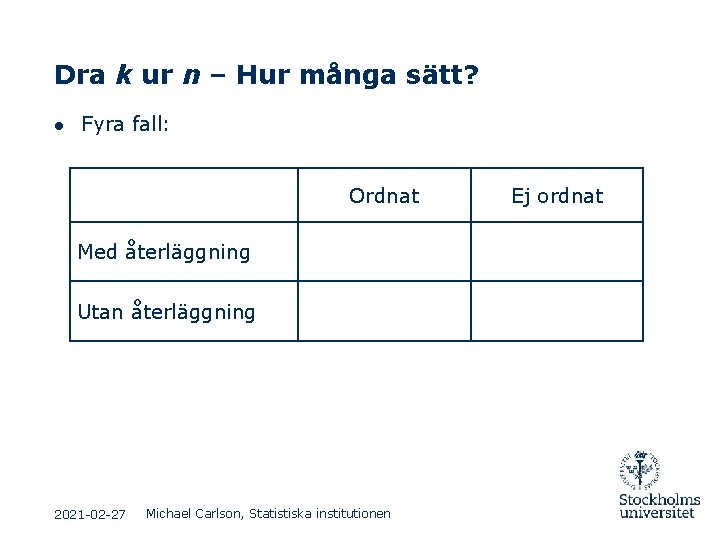 Dra k ur n – Hur många sätt? ● Fyra fall: Ordnat Med återläggning Dra k ur n – Hur många sätt? ● Fyra fall: Ordnat Med återläggning