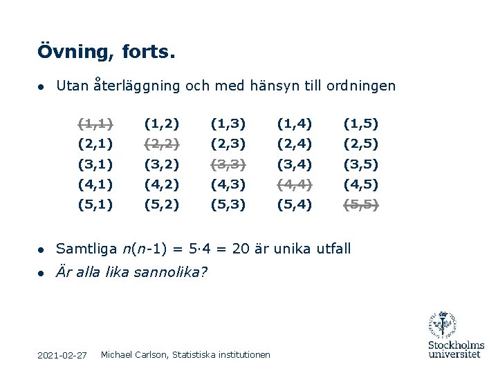 Övning, forts. ● Utan återläggning och med hänsyn till ordningen (1, 1) (1, 2) Övning, forts. ● Utan återläggning och med hänsyn till ordningen (1, 1) (1, 2)