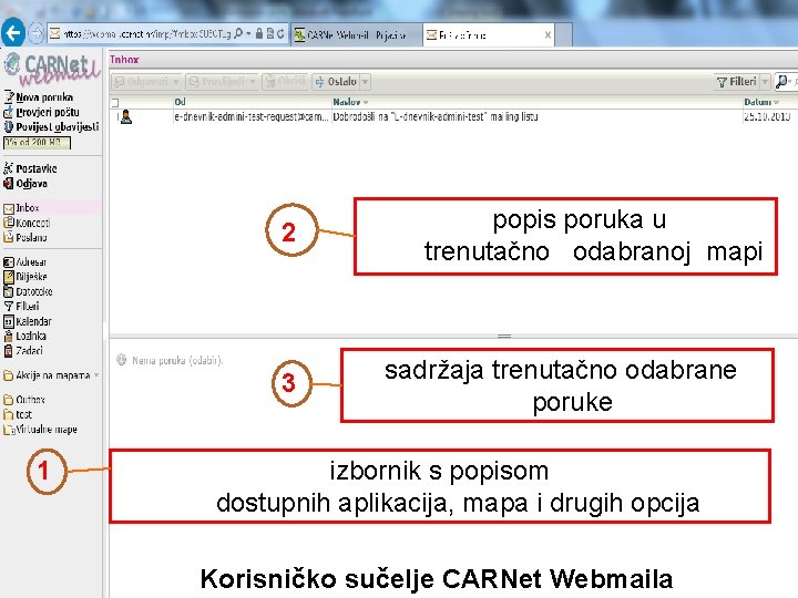 2 3 1 popis poruka u trenutačno odabranoj mapi sadržaja trenutačno odabrane poruke izbornik