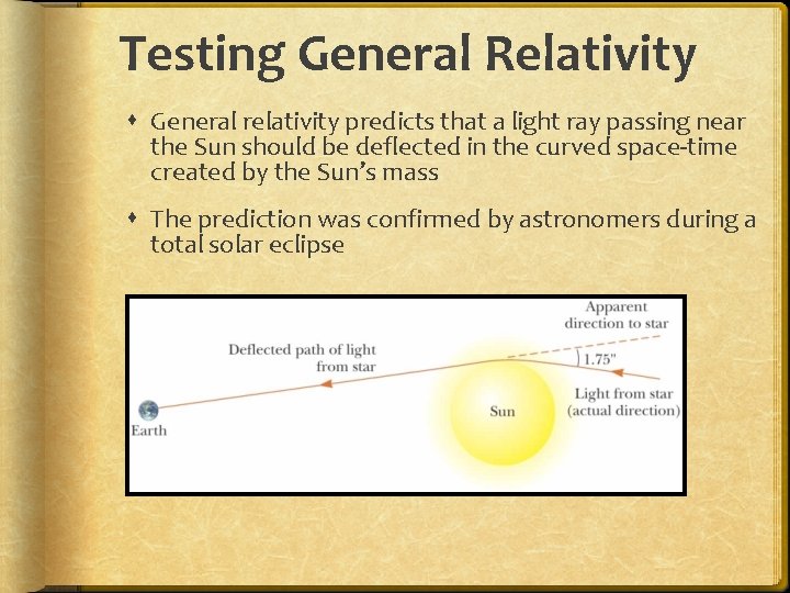 Testing General Relativity General relativity predicts that a light ray passing near the Sun