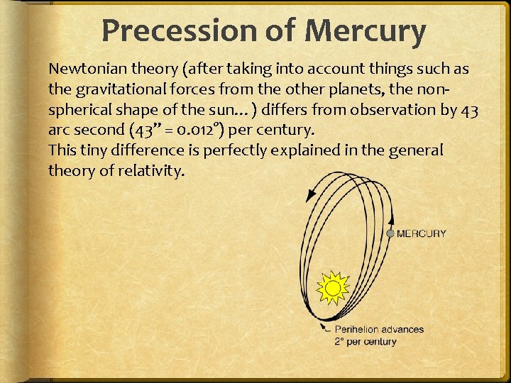 Precession of Mercury Newtonian theory (after taking into account things such as the gravitational