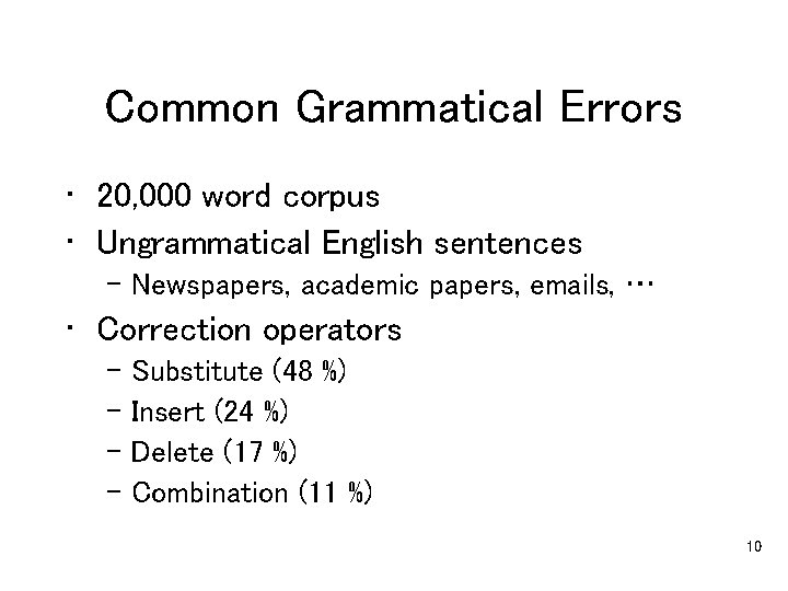 Common Grammatical Errors • 20, 000 word corpus • Ungrammatical English sentences – Newspapers,