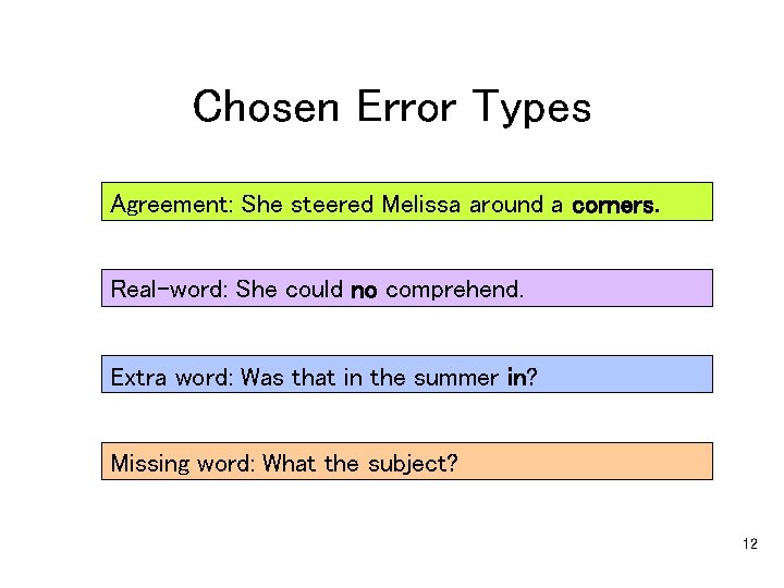 Chosen Error Types Agreement: She steered Melissa around a corners. Real-word: She could no