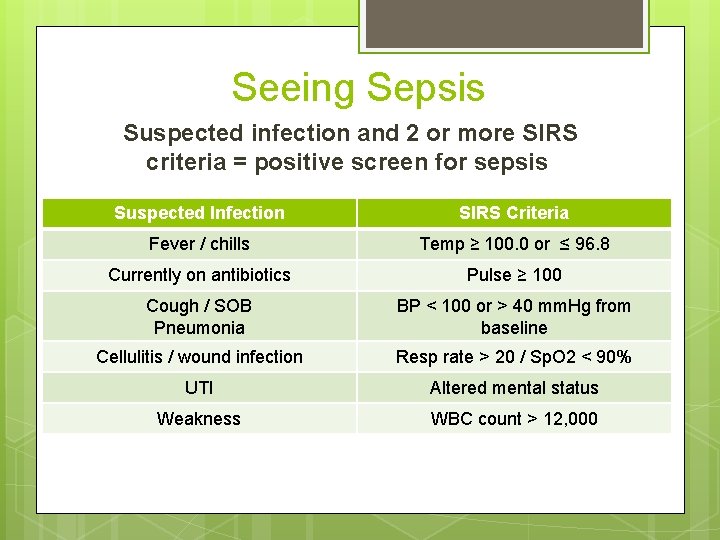 Seeing Sepsis Suspected infection and 2 or more SIRS criteria = positive screen for