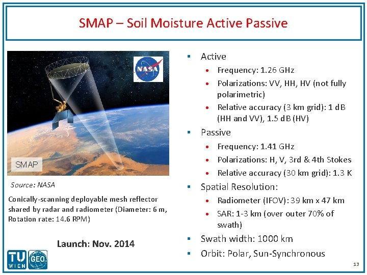 SMAP – Soil Moisture Active Passive § Active Frequency: 1. 26 GHz • Polarizations:
