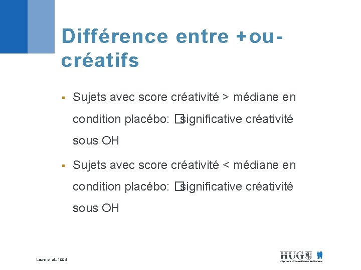 Différence entre +oucréatifs § Sujets avec score créativité > médiane en condition placébo: �