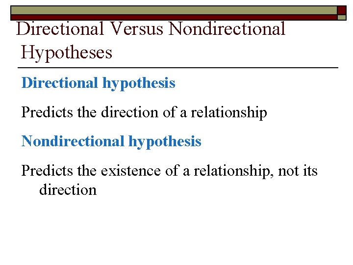 Directional Versus Nondirectional Hypotheses Directional hypothesis Predicts the direction of a relationship Nondirectional hypothesis