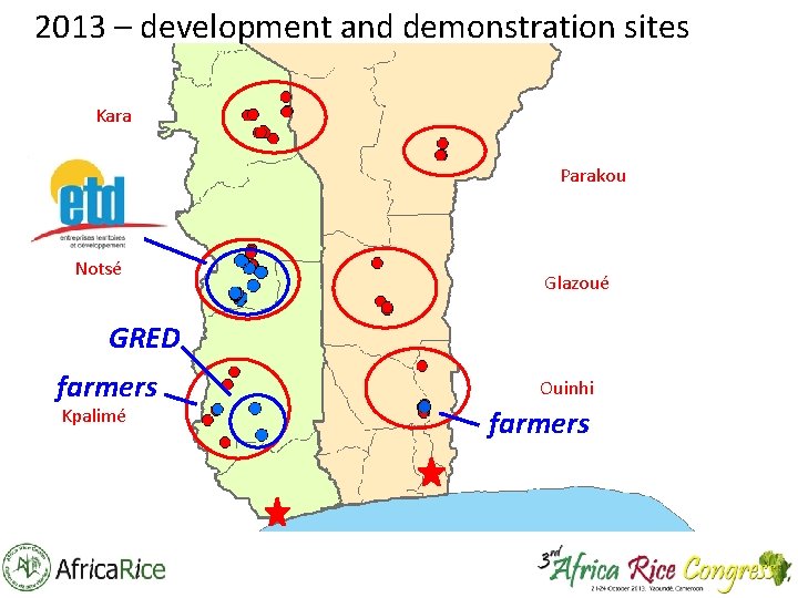 2013 – development and demonstration sites Kara Parakou Notsé Glazoué GRED farmers Kpalimé Ouinhi