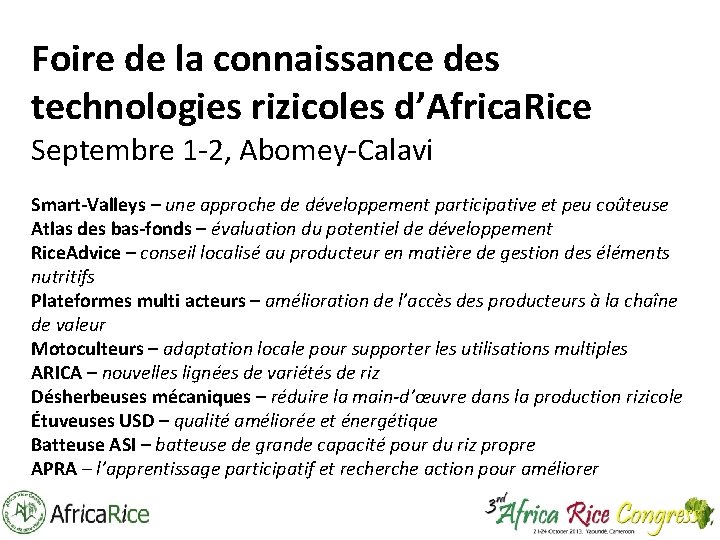 Foire de la connaissance des technologies rizicoles d’Africa. Rice Septembre 1 -2, Abomey-Calavi Smart-Valleys