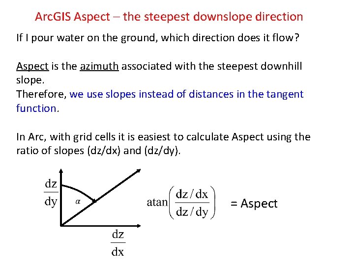Arc. GIS Aspect – the steepest downslope direction If I pour water on the