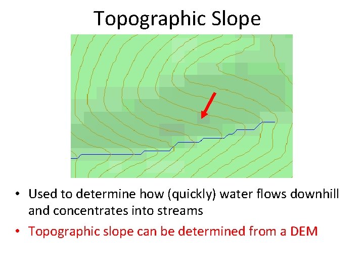 Topographic Slope • Used to determine how (quickly) water flows downhill and concentrates into