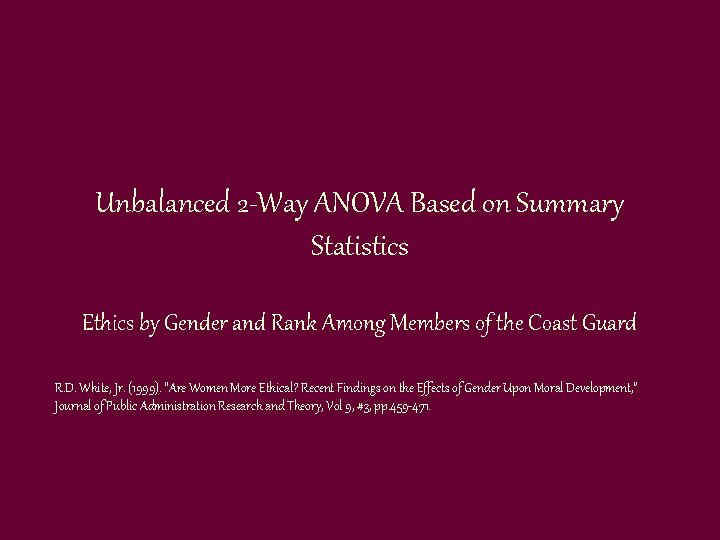 Unbalanced 2 -Way ANOVA Based on Summary Statistics Ethics by Gender and Rank Among