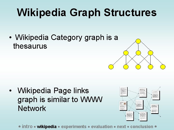 Wikipedia Graph Structures • Wikipedia Category graph is a thesaurus • Wikipedia Page links