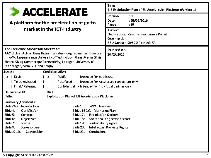 Title: 4. 2 Exploitation Plan of EU Acceleration Platform (Version 1) A platform for Title: 4. 2 Exploitation Plan of EU Acceleration Platform (Version 1) A platform for