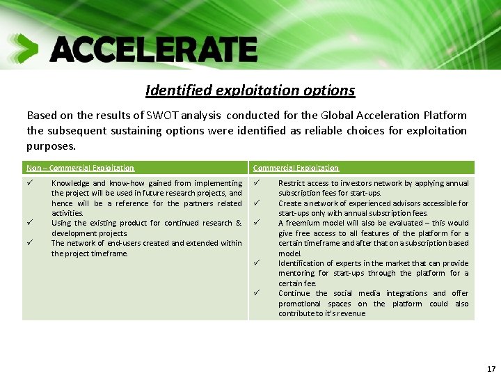 Identified exploitation options Based on the results of SWOT analysis conducted for the Global Identified exploitation options Based on the results of SWOT analysis conducted for the Global