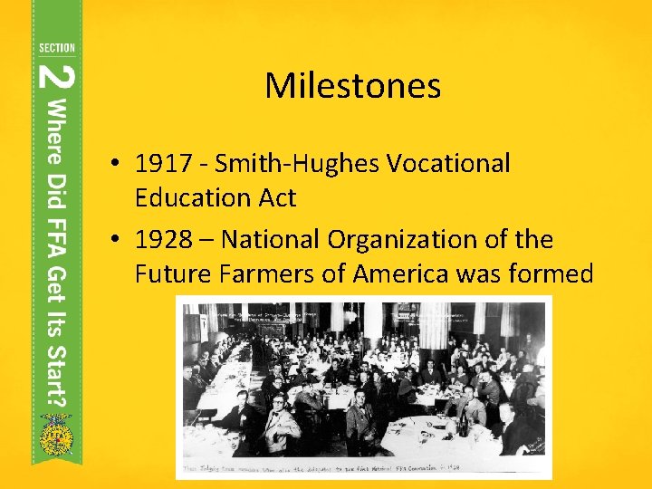 Milestones • 1917 - Smith-Hughes Vocational Education Act • 1928 – National Organization of