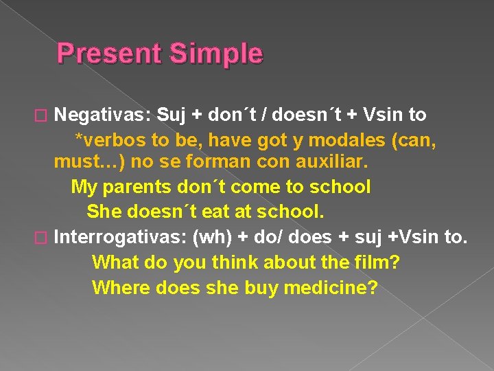 Present Simple Negativas: Suj + don´t / doesn´t + Vsin to *verbos to be,