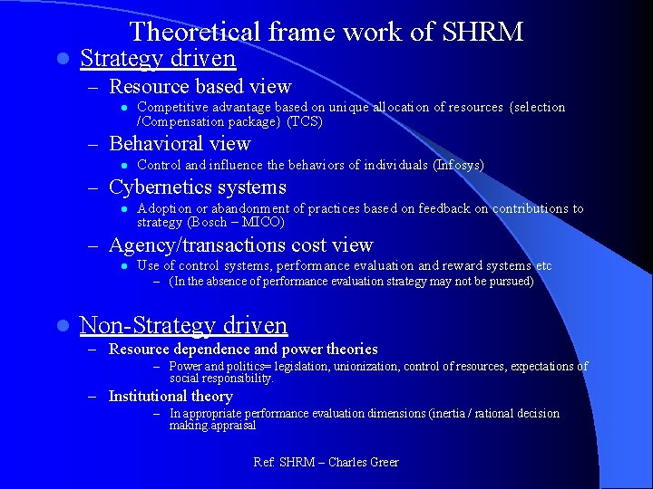 Theoretical frame work of SHRM l Strategy driven – Resource based view l Competitive