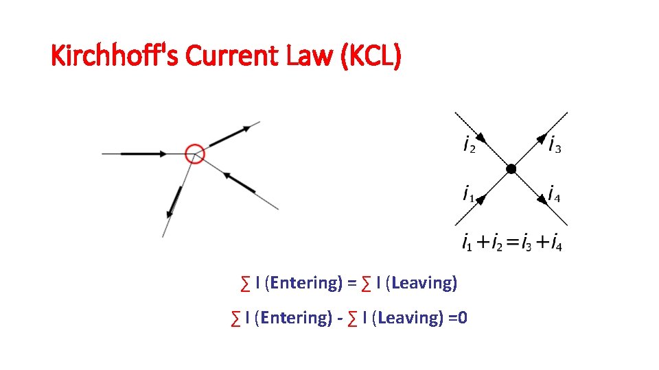 Kirchhoff's Current Law (KCL) ∑ I (Entering) = ∑ I (Leaving) ∑ I (Entering) Kirchhoff's Current Law (KCL) ∑ I (Entering) = ∑ I (Leaving) ∑ I (Entering)