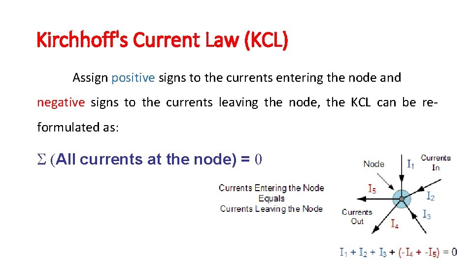 Kirchhoff's Current Law (KCL) Assign positive signs to the currents entering the node and Kirchhoff's Current Law (KCL) Assign positive signs to the currents entering the node and