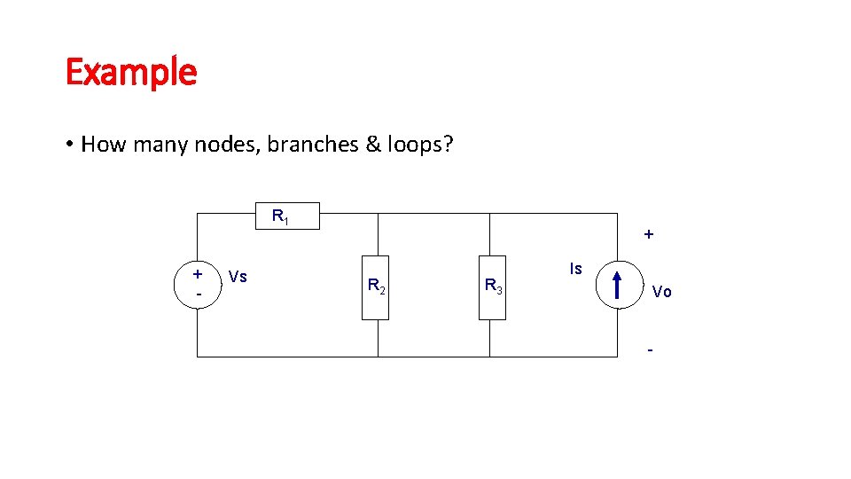 Example • How many nodes, branches & loops? R 1 + - Vs + Example • How many nodes, branches & loops? R 1 + - Vs +